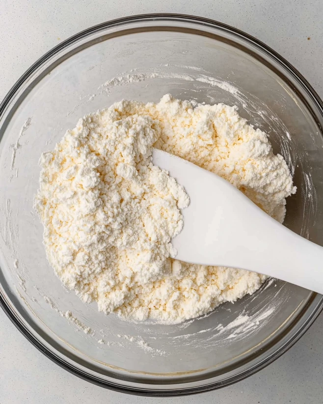 Mixing Cottage Cheese Dough for Bagels Crumbly cottage cheese and flour mixture in a glass bowl with a white spatula