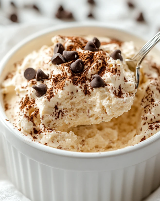 Whipped Cottage Cheese Peanut Butter Mousse with Cocoa and Chocolate Chips Fluffy cottage cheese peanut butter mousse topped with cocoa powder and chocolate chips in a white ramekin, with a spoon lifting a bite.