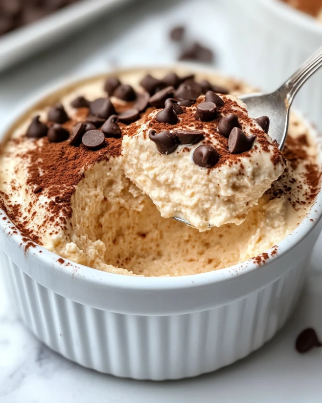 Creamy Cottage Cheese Peanut Butter Mousse with Chocolate Chip Topping Creamy cottage cheese peanut butter mousse topped with cocoa powder and chocolate chips, served in a white ramekin with a spoonful lifted.