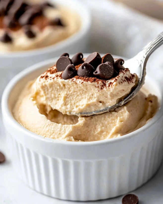Cottage Cheese Peanut Butter Mousse with Chocolate Chip Topping Spoonful of creamy cottage cheese peanut butter mousse topped with chocolate chips and cocoa powder in a white ramekin.