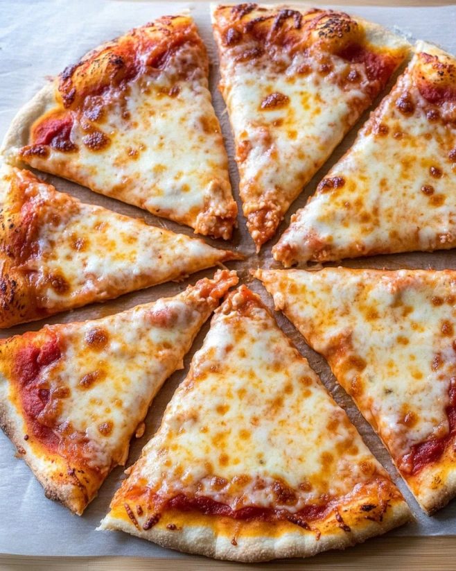 sliced-cottage-cheese-pizza-crust. Sliced cottage cheese pizza crust topped with melted mozzarella